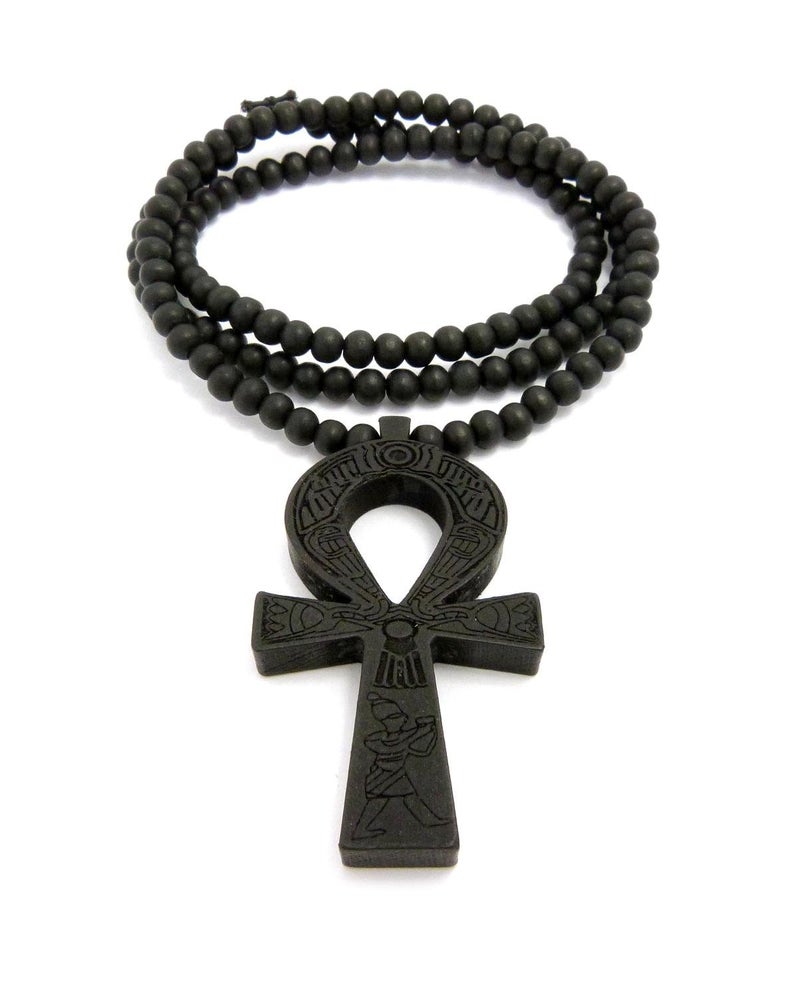 Fashion 21 Egyptian Ankh Cross Pendant 6mm 27" Stretchable Wooden Bead Necklace (3 Colors Available) (Black) - Image 2